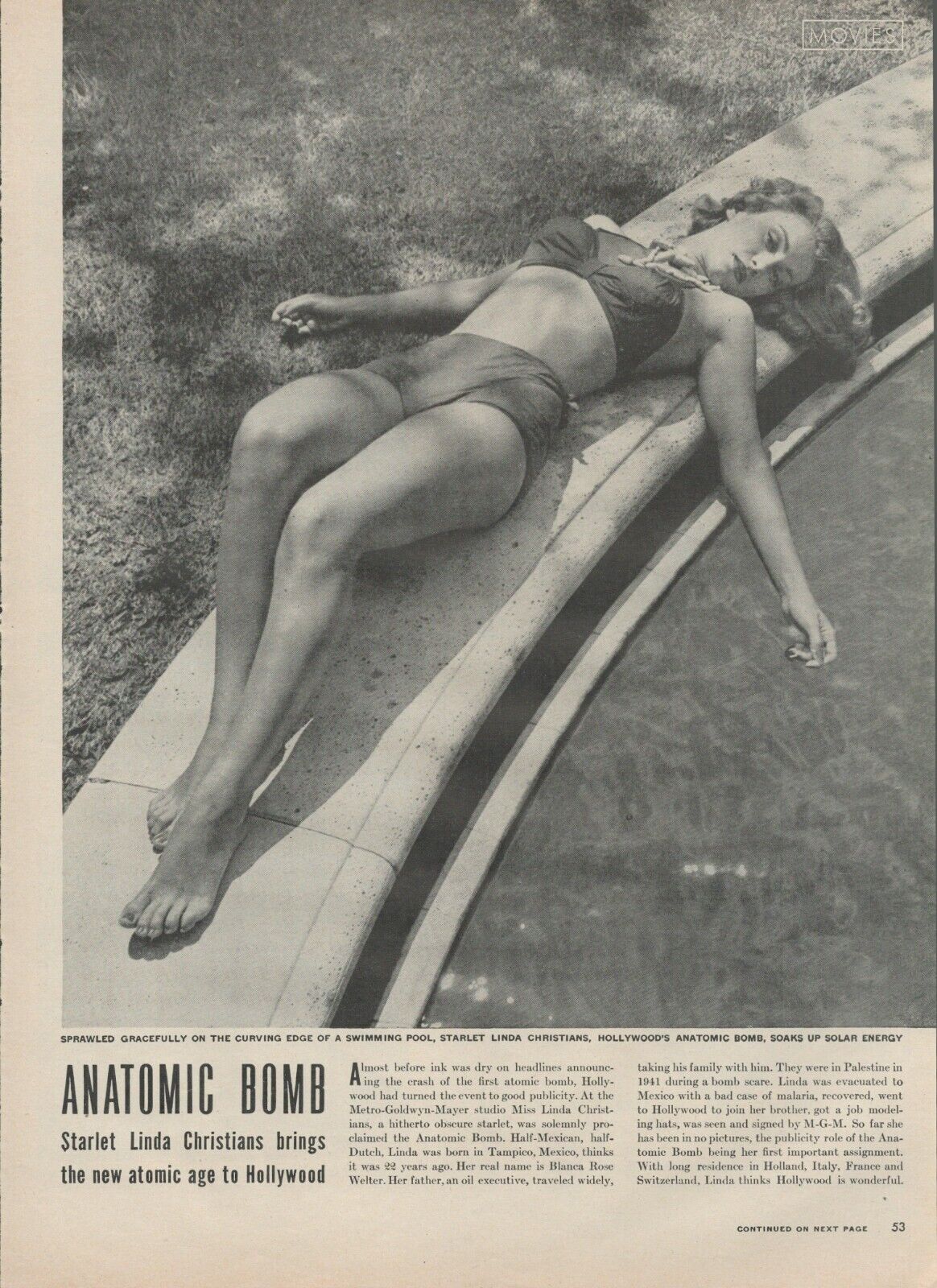 1945 Starlet Linda Christians Anatomic Bomb Pool Side Legs Vintage Print Ad