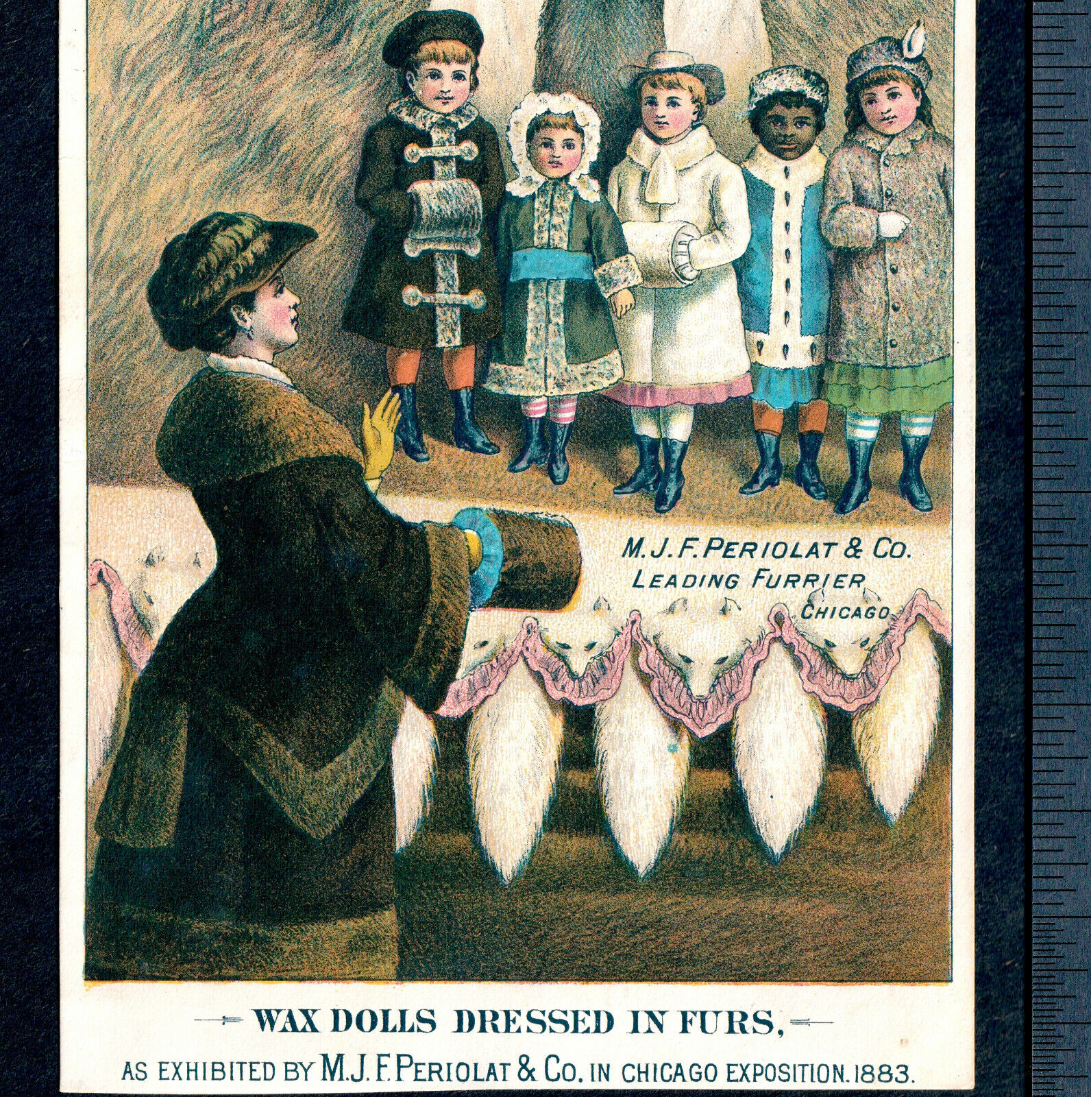 Antique Wax Dolls 1883 Dressed in Fur Periolat Chicago Expo Victorian Trade Card