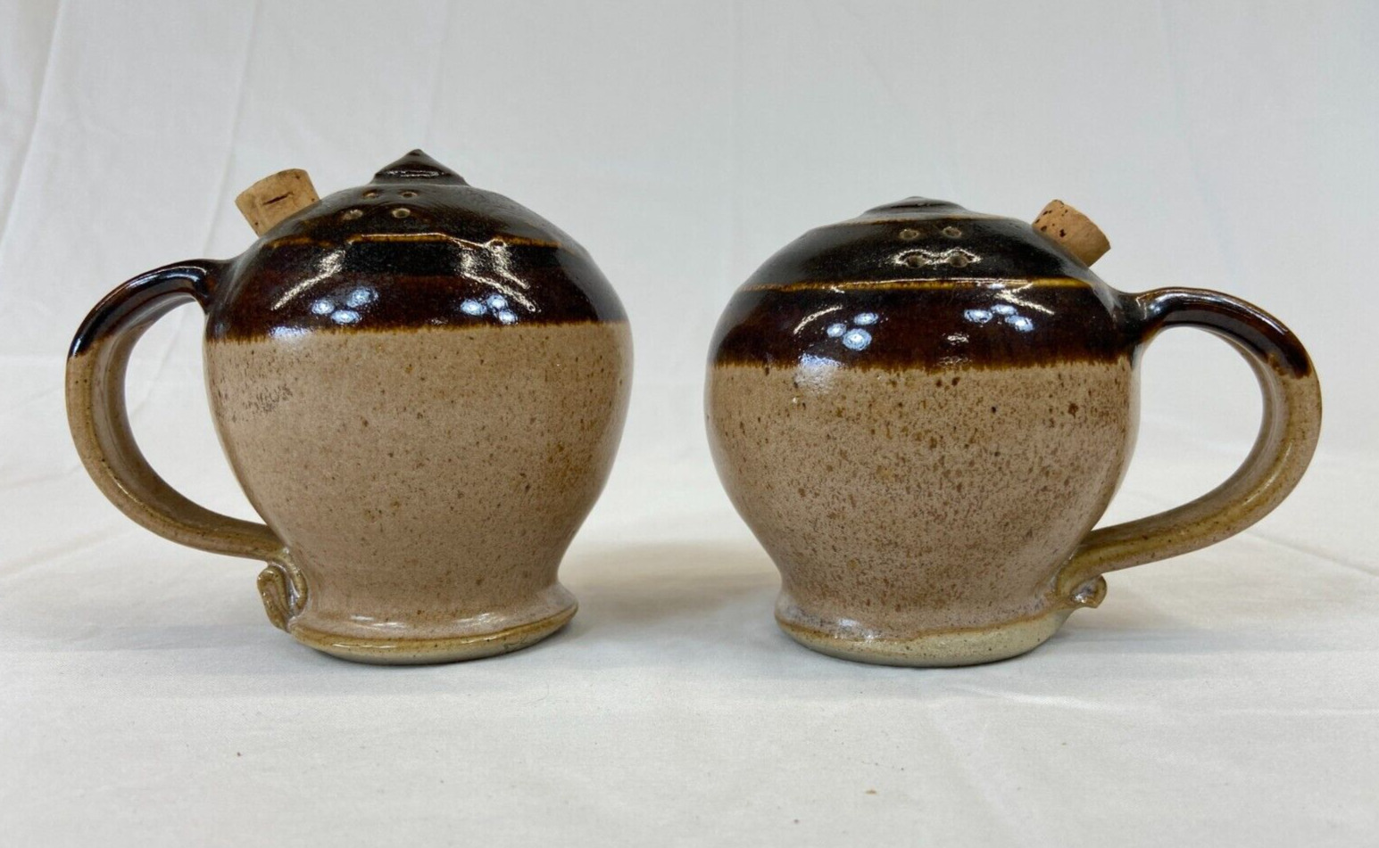 Large Brown Handled Salt and Pepper Shakers Cork Stoppers Round Haskins 76