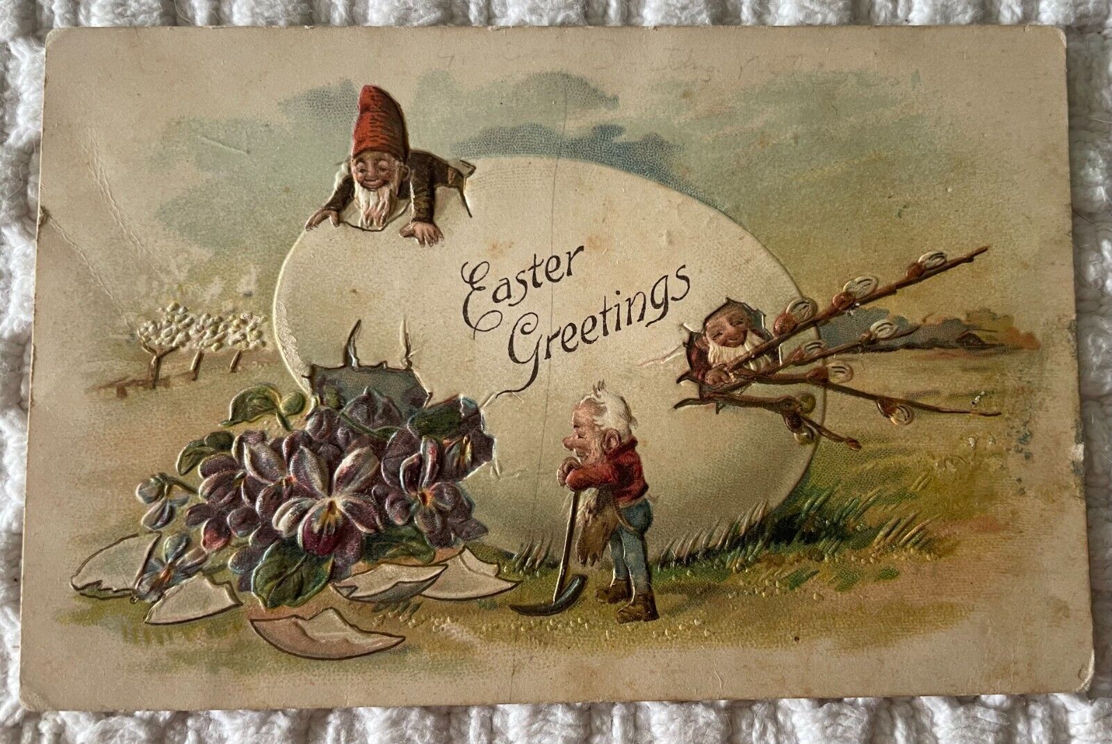 Easter Greetings Postcard Gnomes Hatching from Exaggerated Egg