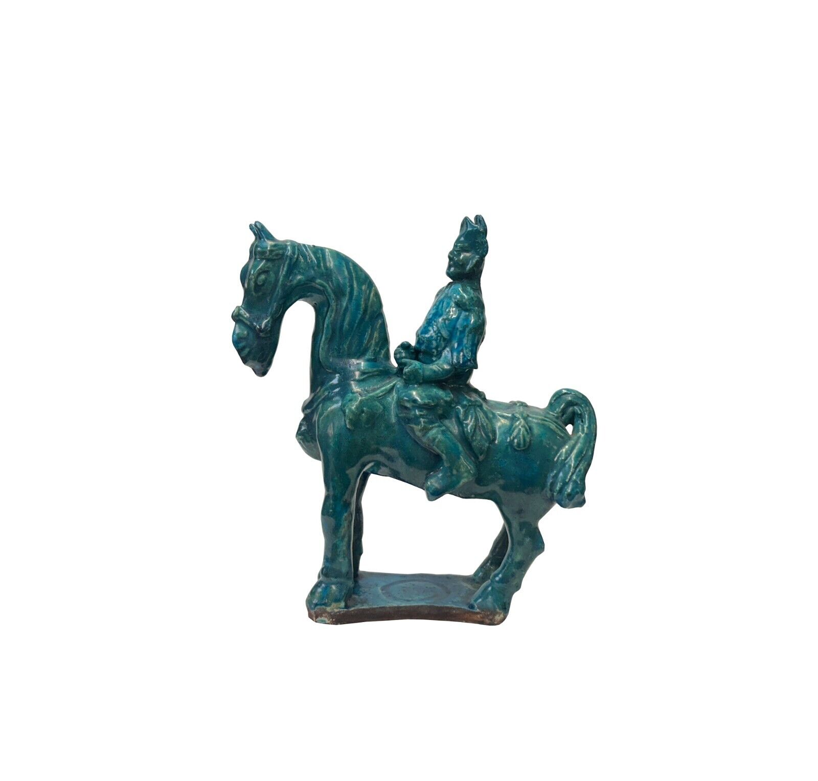 Vintage Distressed Dark Green Glaze Ceramic Soldier Riding Horse Figure ws3783