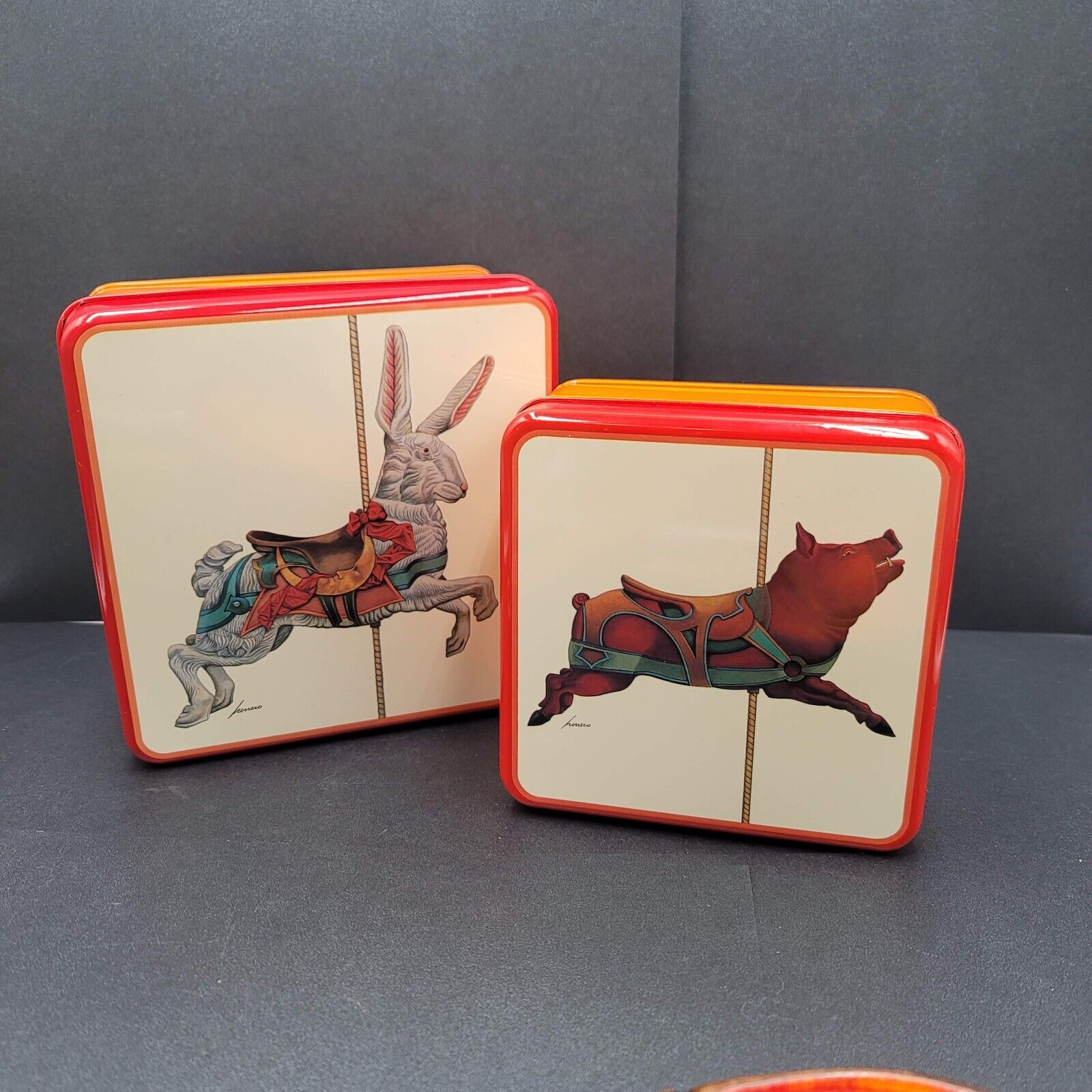Vintage 1985 Carousel Rabbit Pig Tin Set of 2 Vandor Lowell Herrero