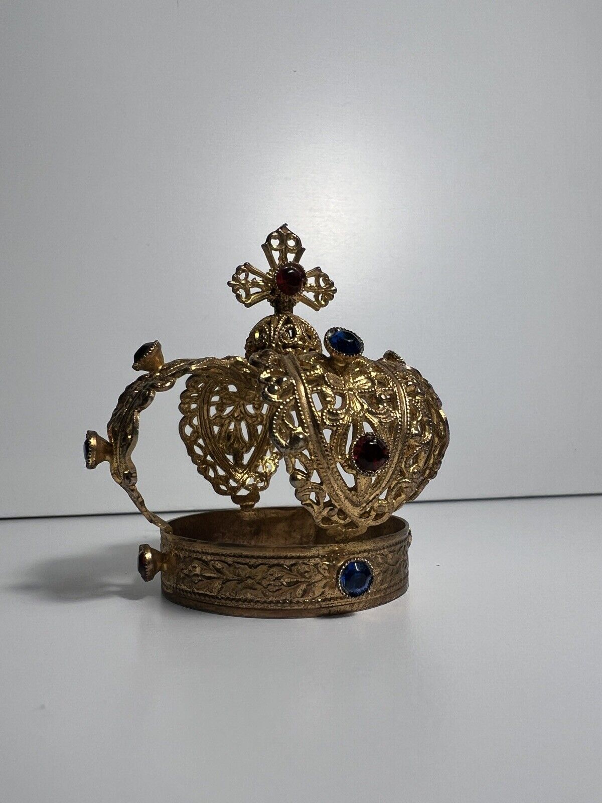 Vintage Jeweled Crown Infant Of Prague Statue Goldtone Metal Christianity Jesus