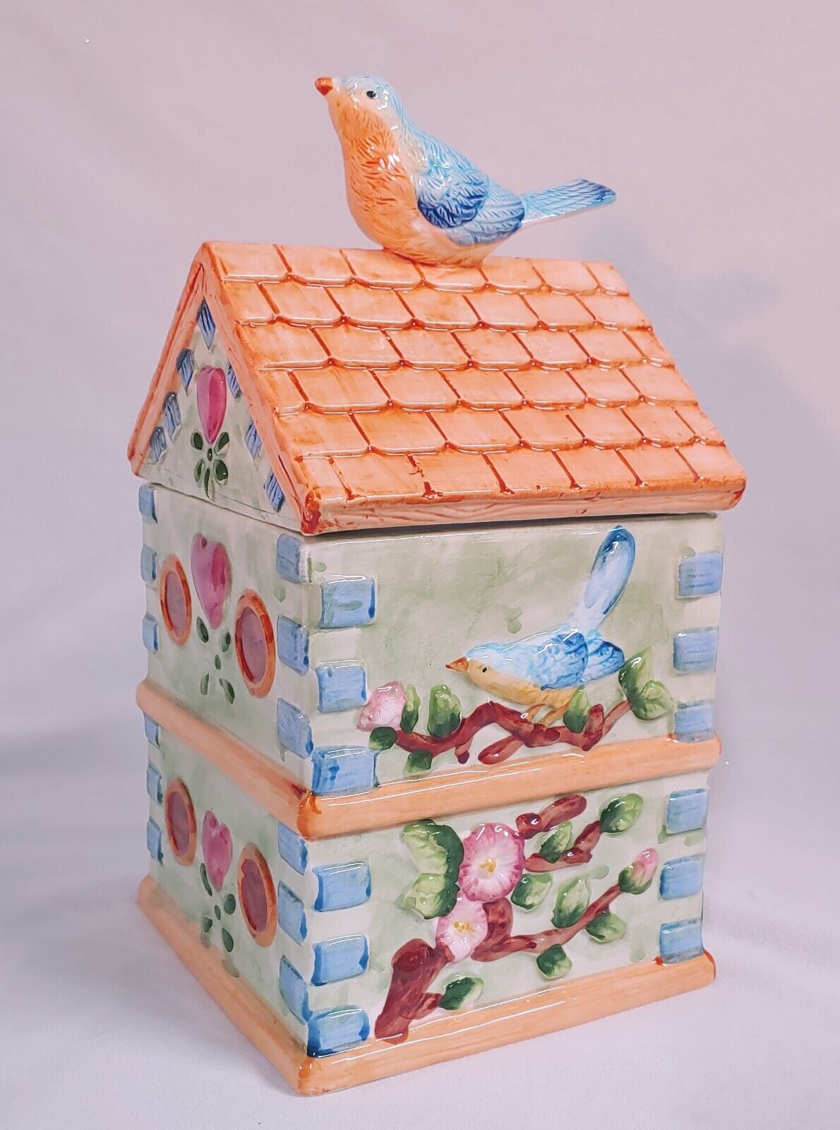 Birdhouse Ceramic Cookie Jar Blue Bird (Chipped)