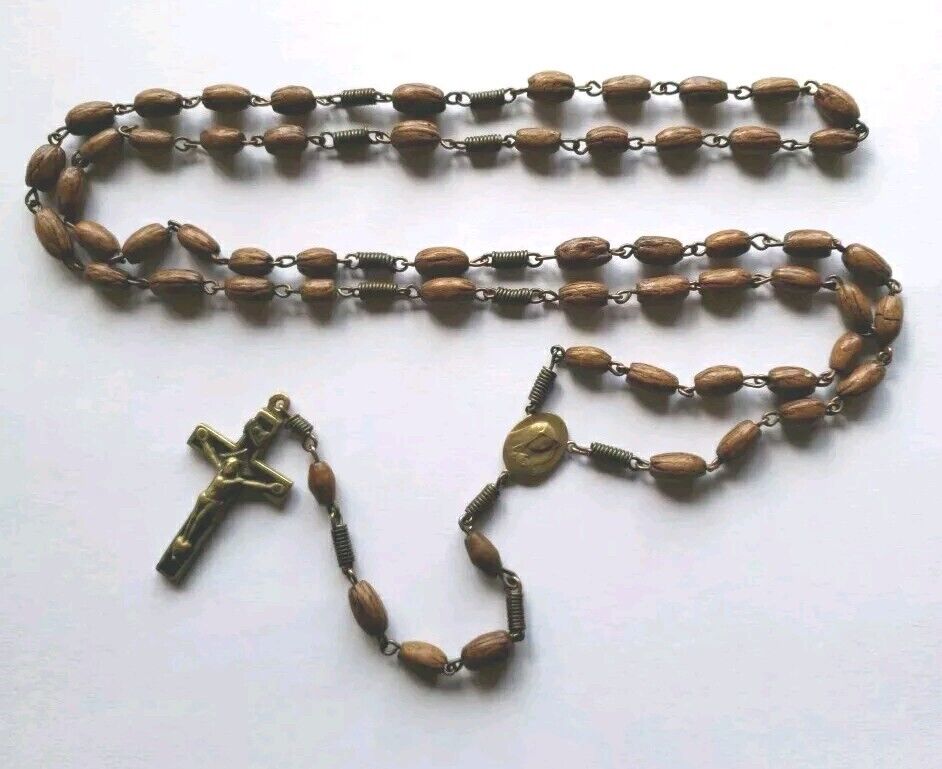 Antique Vtg Olive Seed Pits Beads Rosary 29 1/2 Mary Medal Brass Crucifix 2 In
