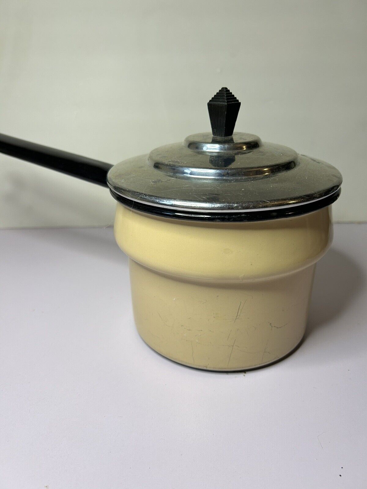 Vintage Beige MCM Small Enamelware Saucepan With Aluminum Lid