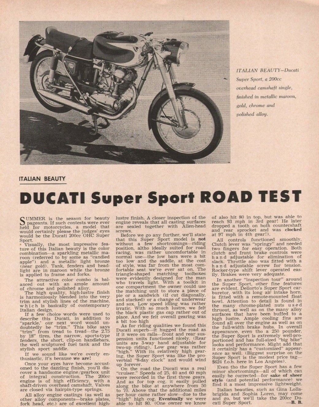 1959 Ducati Super Sport Road Test - 1-Page Vintage Motorcycle Article