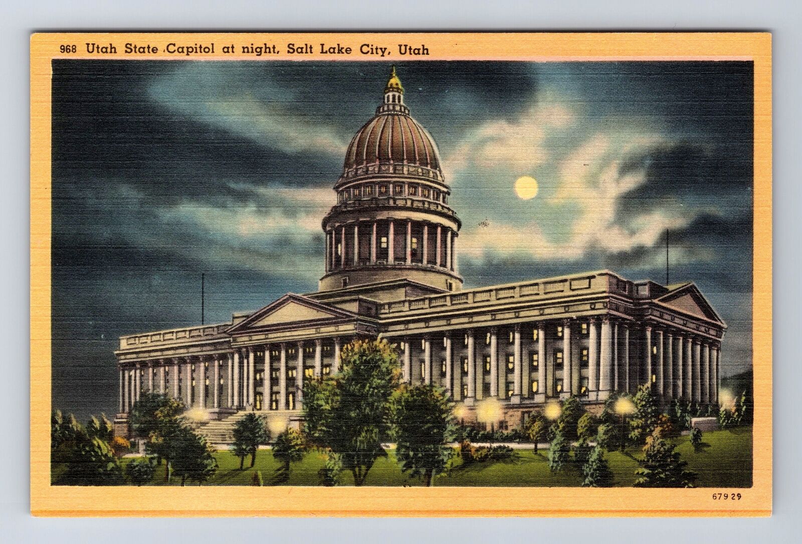 Salt Lake City UT-Utah, Utah State Capitol At Night, Moon, Vintage Postcard