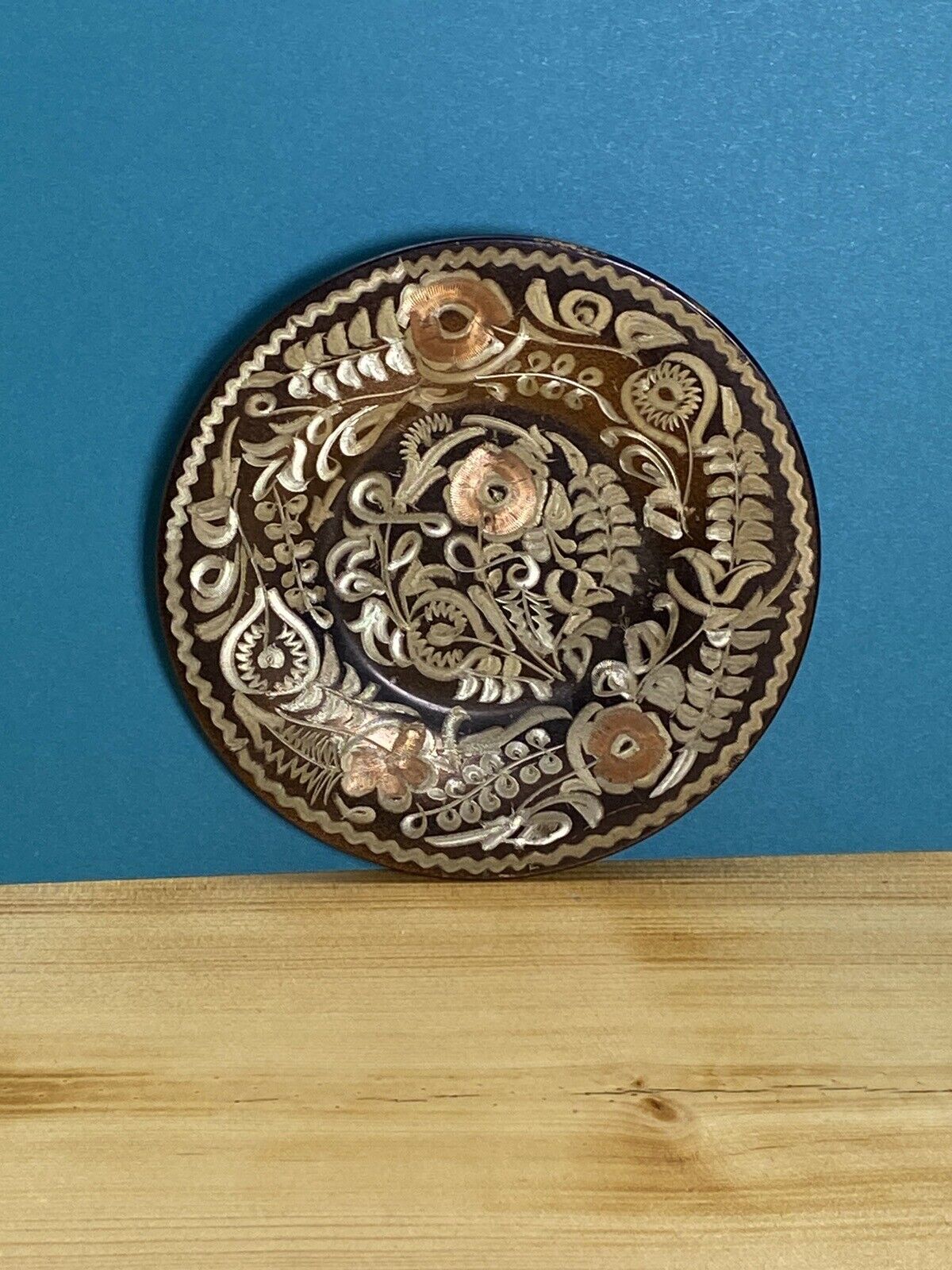 Erzincanlilar Hand Etched Copper Decor Plate Istanbul Turkey Floral Design 4”
