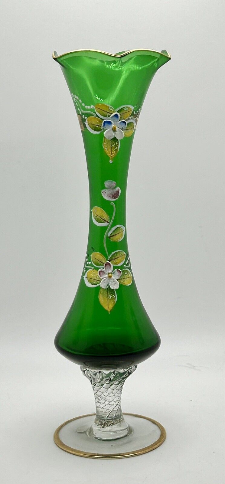 VINTAGE Green Glass Footed Bud Vase Gold Trim Hand Painted Flowers Japan 8”