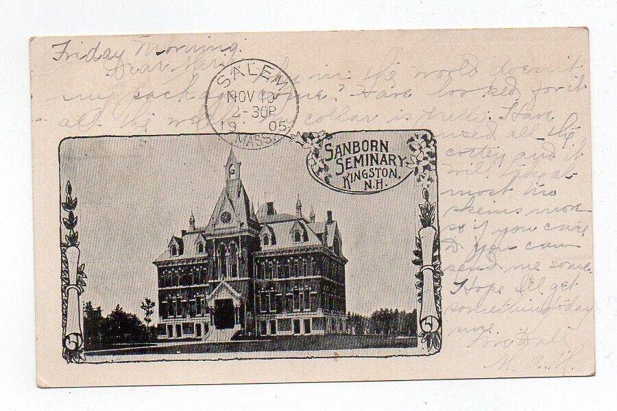 UDB Postcard, Sanborn Seminary, Kingston, N.H., 1905, to Salem, Mass.