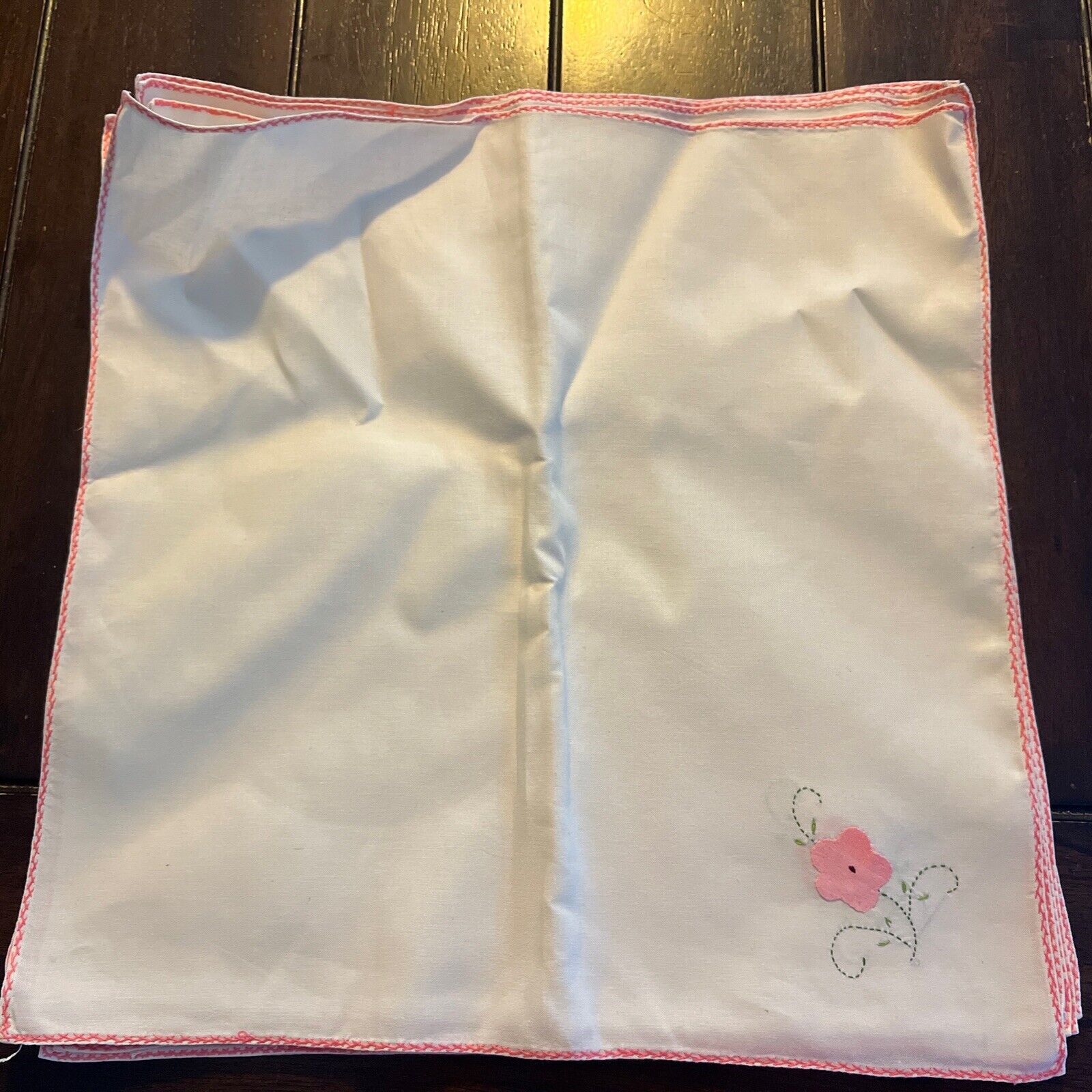 Set Of 12 Vintage Linen Fine Embroidered Napkins Beige w/ Pink Stitching
