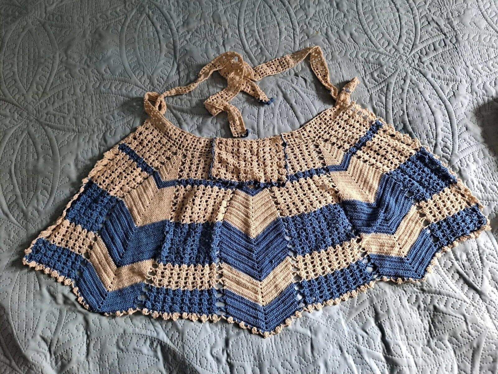 Vintage 1940/50s Hand Crochet Hostess Apron Small, Blue And Cream