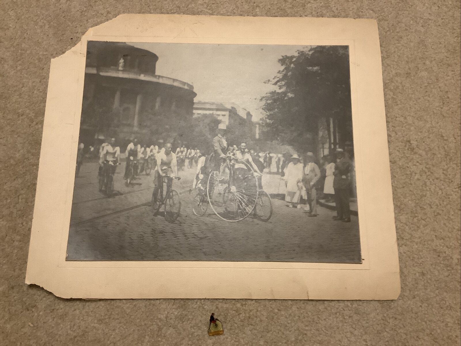 PENNY FARTHING HIGH WHEEL BICYCLE Parade Antique Photo Photograph Picture & Pin