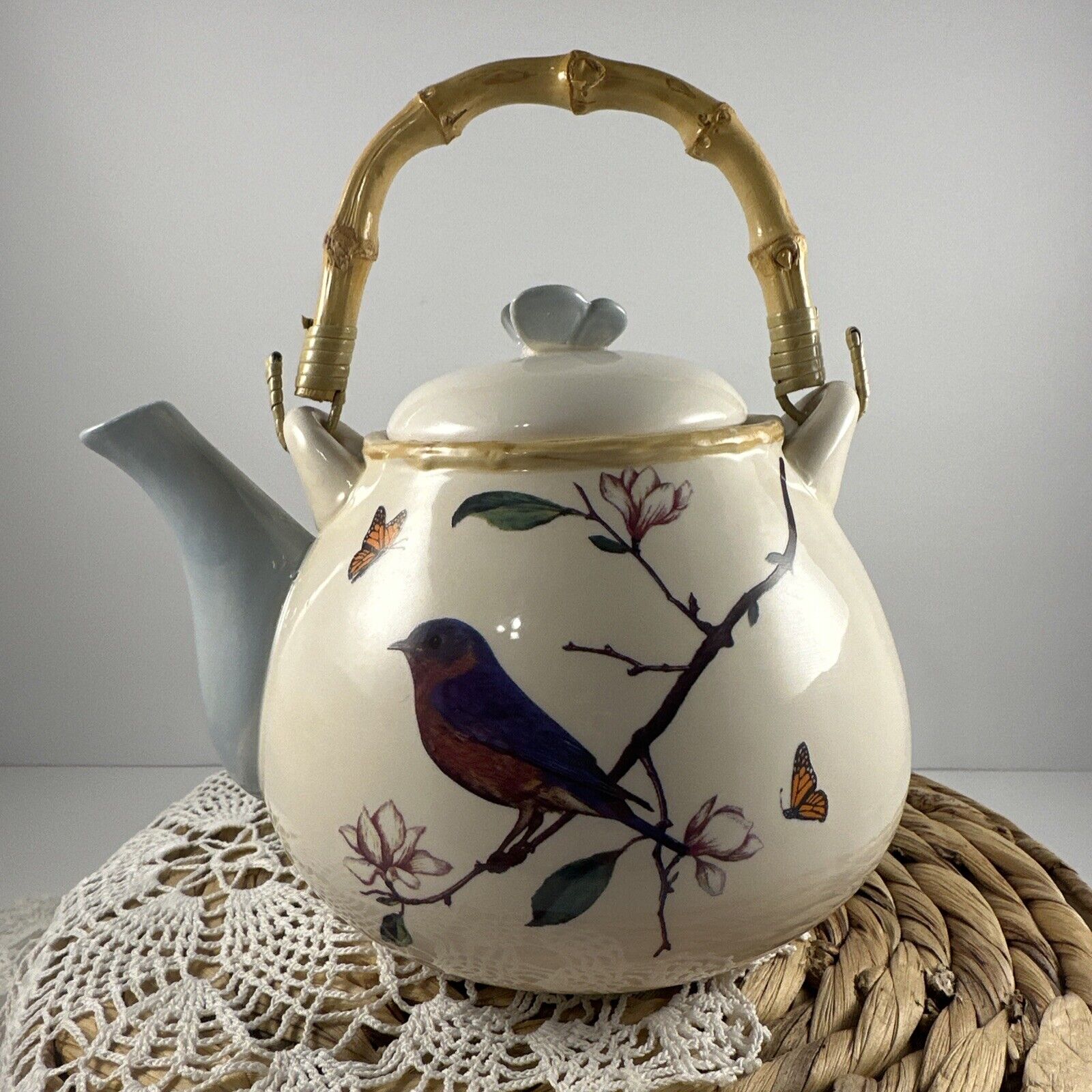 *VINTAGE* White & Blue Bird Butterfly Floral Teapot Bamboo Handles 6\