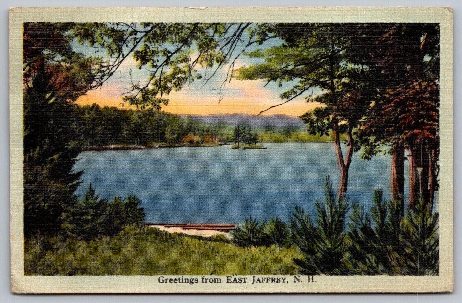 Greetings East Jaffrey New Hampshire Waterfront Mountains Linen Vintage Postcard