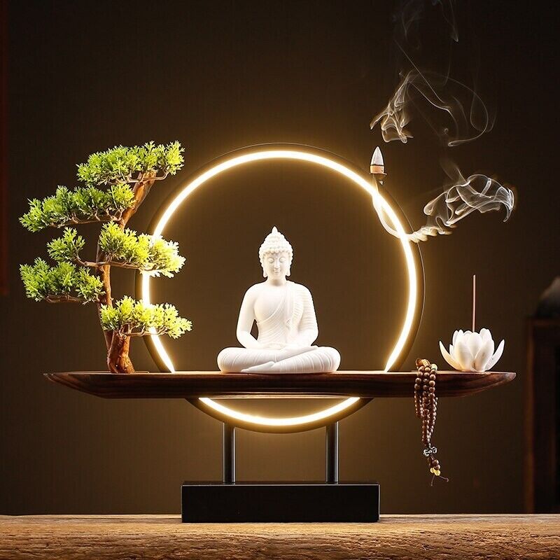 Buddha Statue Ceramic Backflow Incense Burner Holder Lamp Censer Zen Meditation