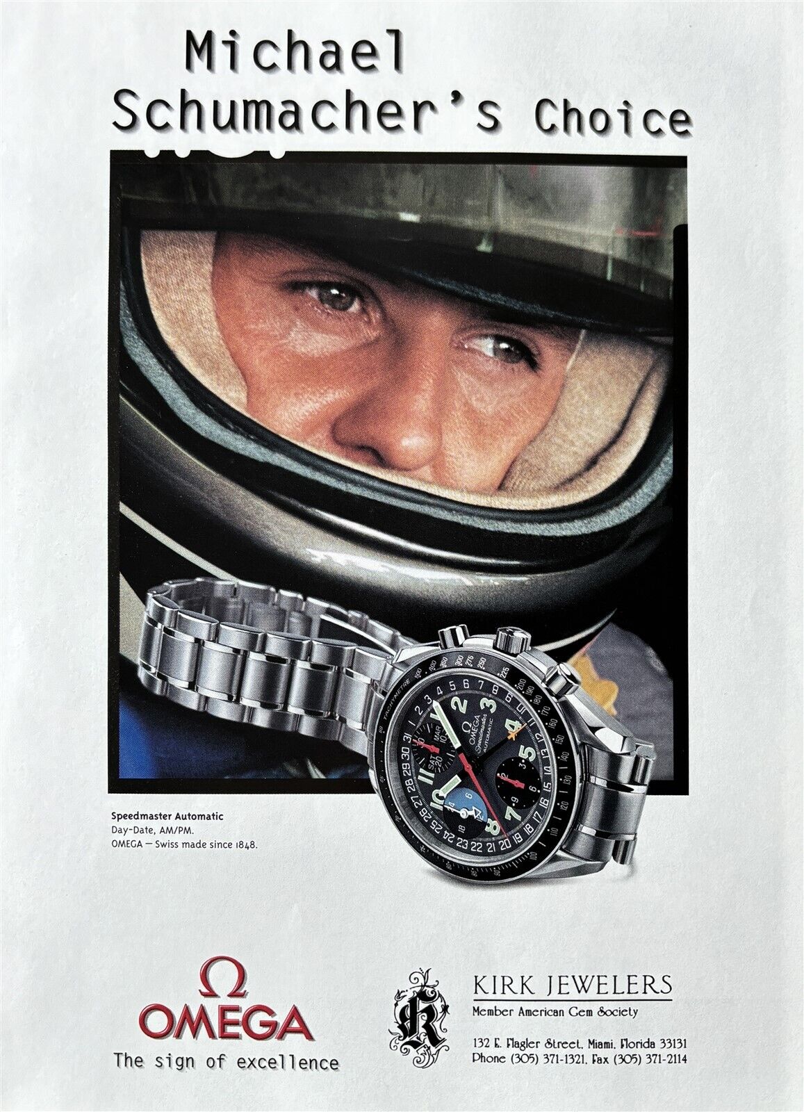 1997 OMEGA Speedmaster Watch Formula 1 Michael Schumacher's Choice PRINT AD