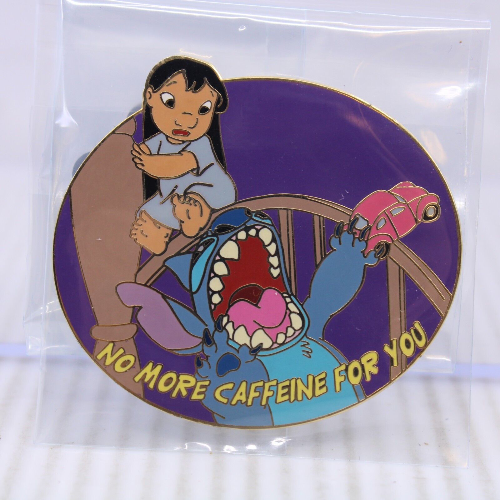 B5 Disney Auctions LE 1000 Pin Lilo & Stitch No More Caffeine Quote