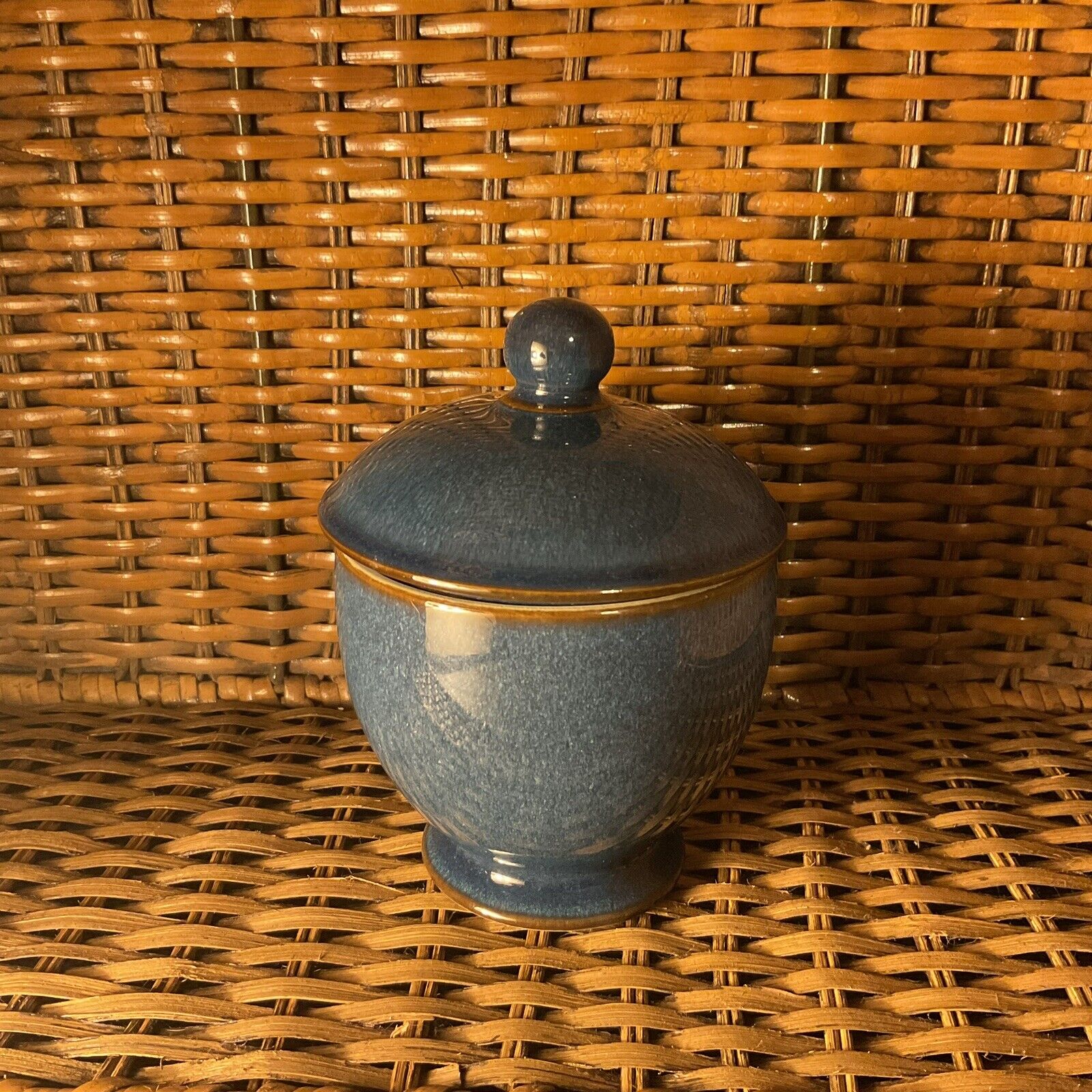 Denby England Blue/Brown Stoneware Sugar Bowl With Lid Vintage EXCELLENT Cond.