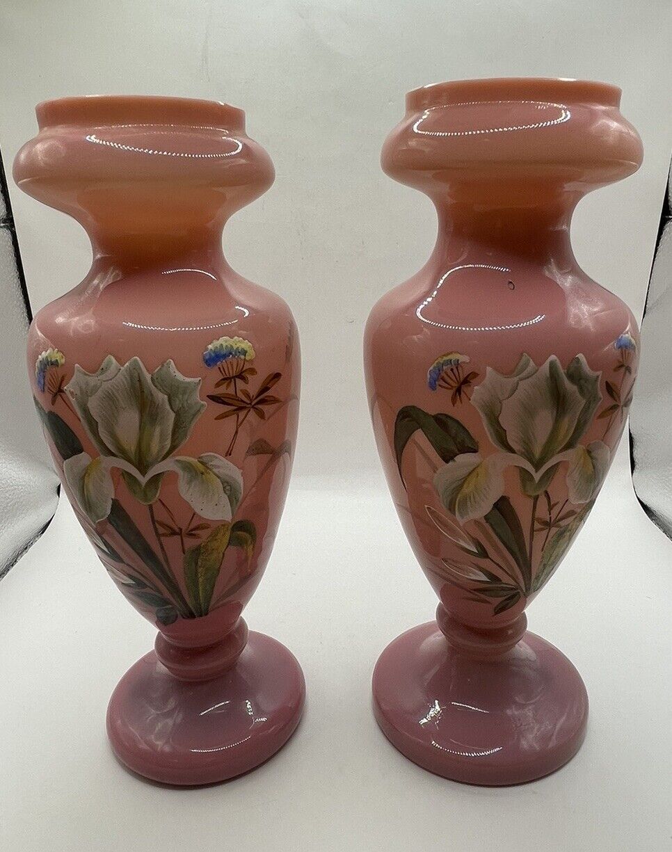 Pair Antique Victorian Pink Opaline Cased Glass Mantle Vases