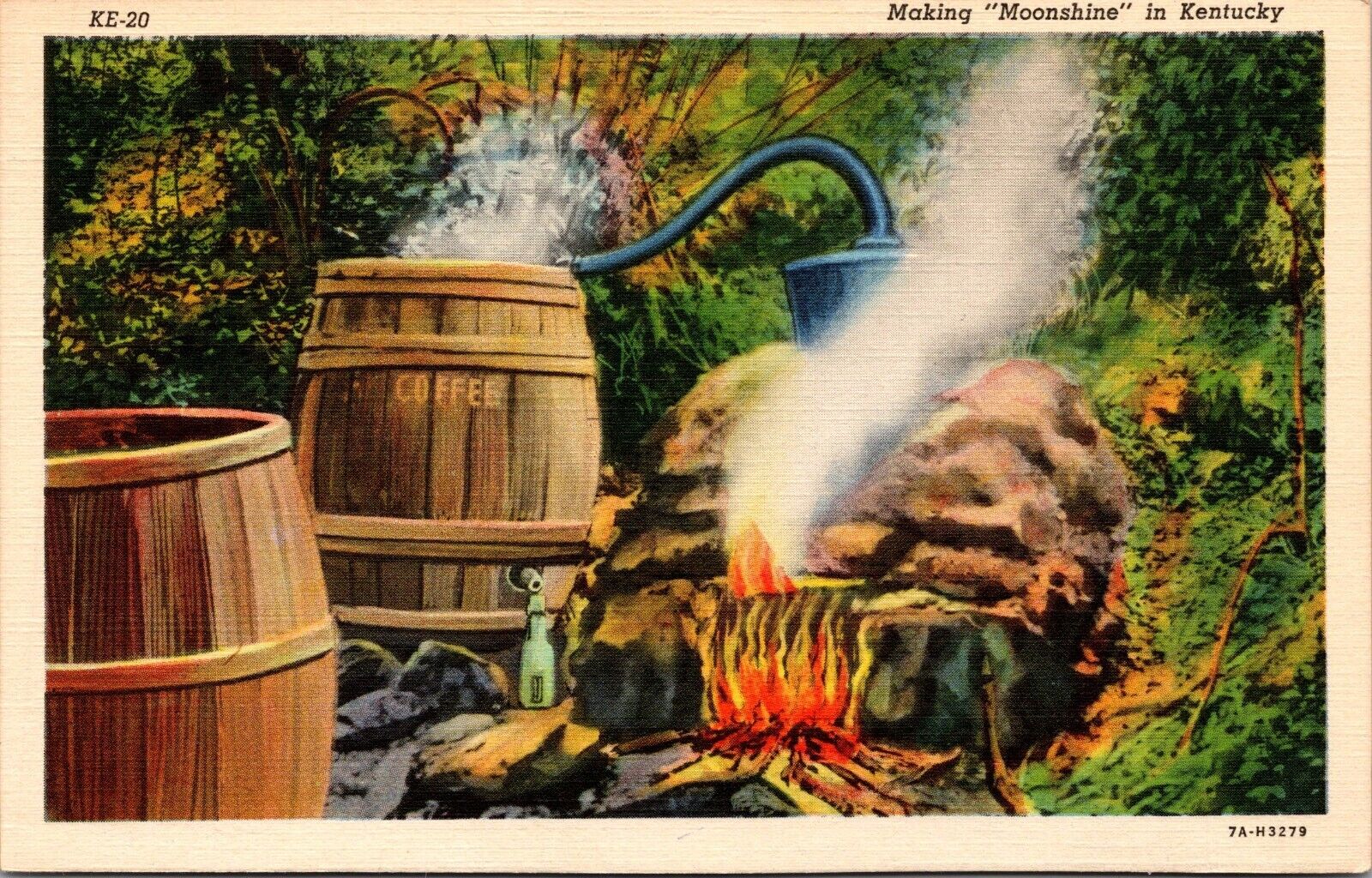 Postcard of Making Moonshine Distillery Still & barrels Kentucky postcard