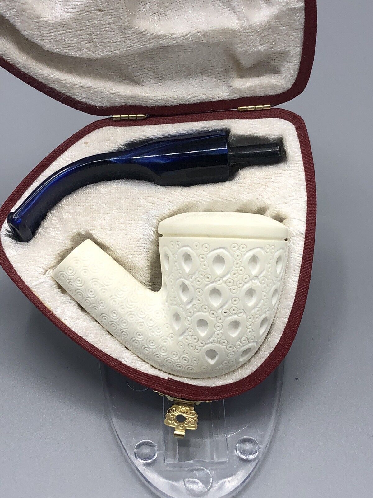 Lattice Design Rhodesian Pipe Block Meerschaum-NEW Handmade W Pocket CASE#1715
