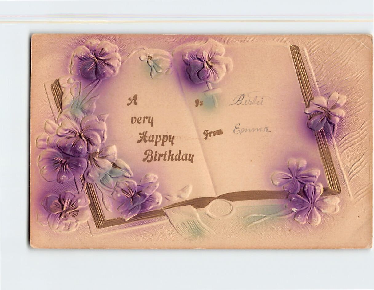 Postcard A very Happy Birthday with Flowers Clovers Book Embossed Art Print