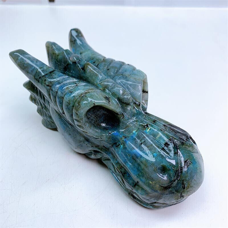 14cm Natural Labradorite Dragon Skull Animal Crystal Statue For Home Decor Gift