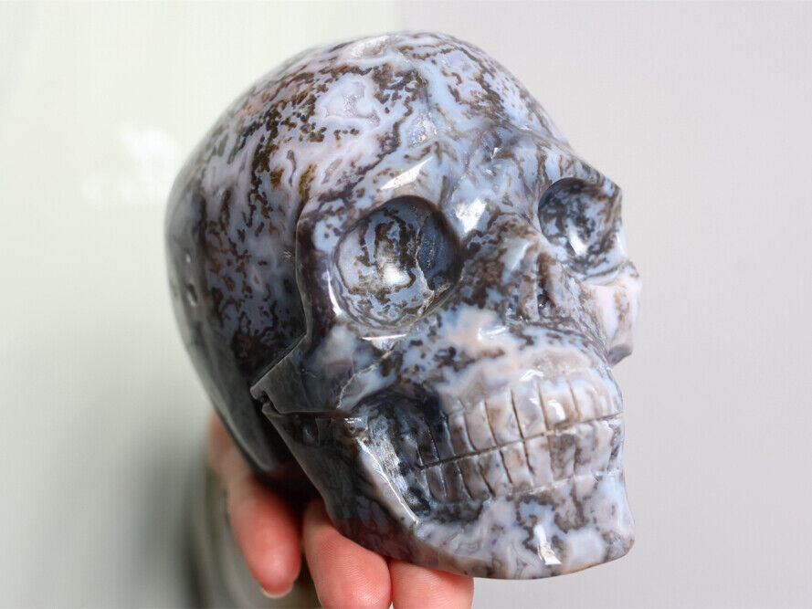 2.66LB Natural Moss Agate Skull Carved Quartz Crystal Skull Sculpture Reiki Gift