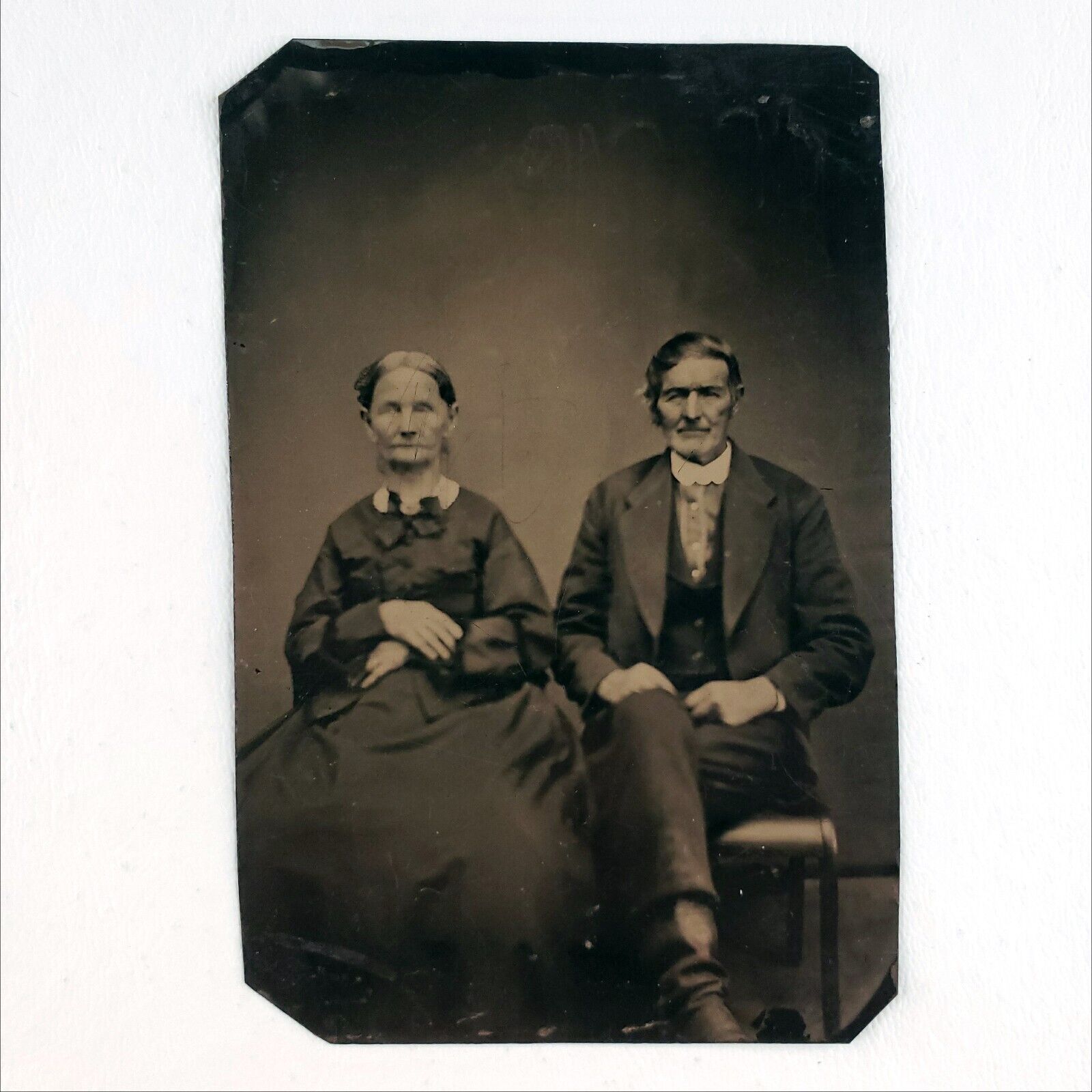 Tintype Photo Impressive Old Couple c1870 Antique 1/4 Plate Photo Lady Man A2763