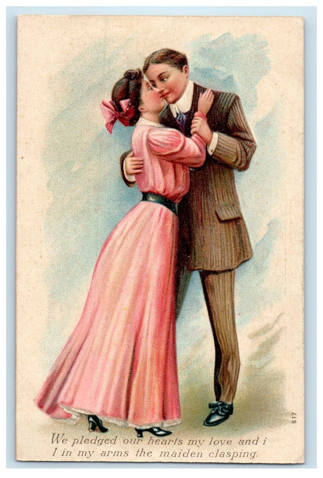 c1910's Sweet Couple Romance Kissing Formal Dressed Embossed Antique Postcard