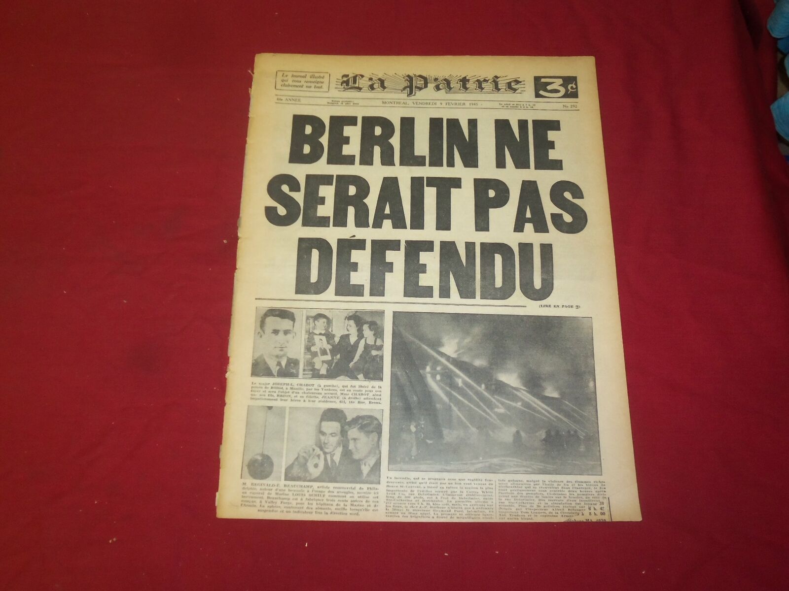 1945 FEBRUARY 9 LA PATRIE NEWSPAPER-FRENCH-BERLIN NE SERAIT PAS DEFENDU- FR 1829