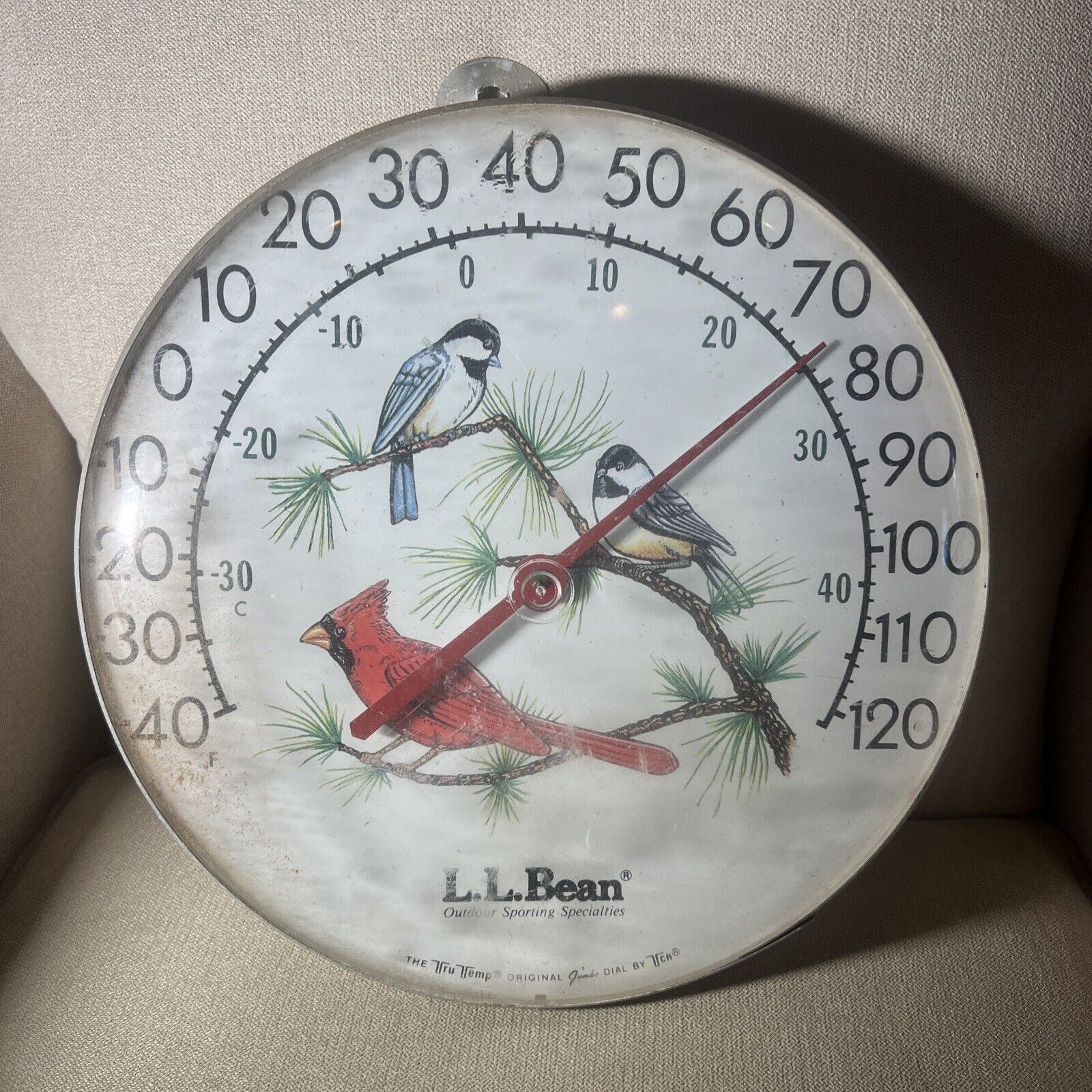 VTG LL Bean Birds Cardinal Tru-Temp Jumbo 12” Indoor Outdoor Wall Thermometer