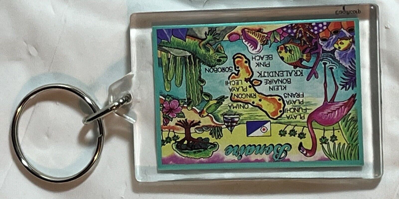 Key Chain. Key Tag. Bonaire Map Of Bonaire. Flamingo Travel Memorabilia