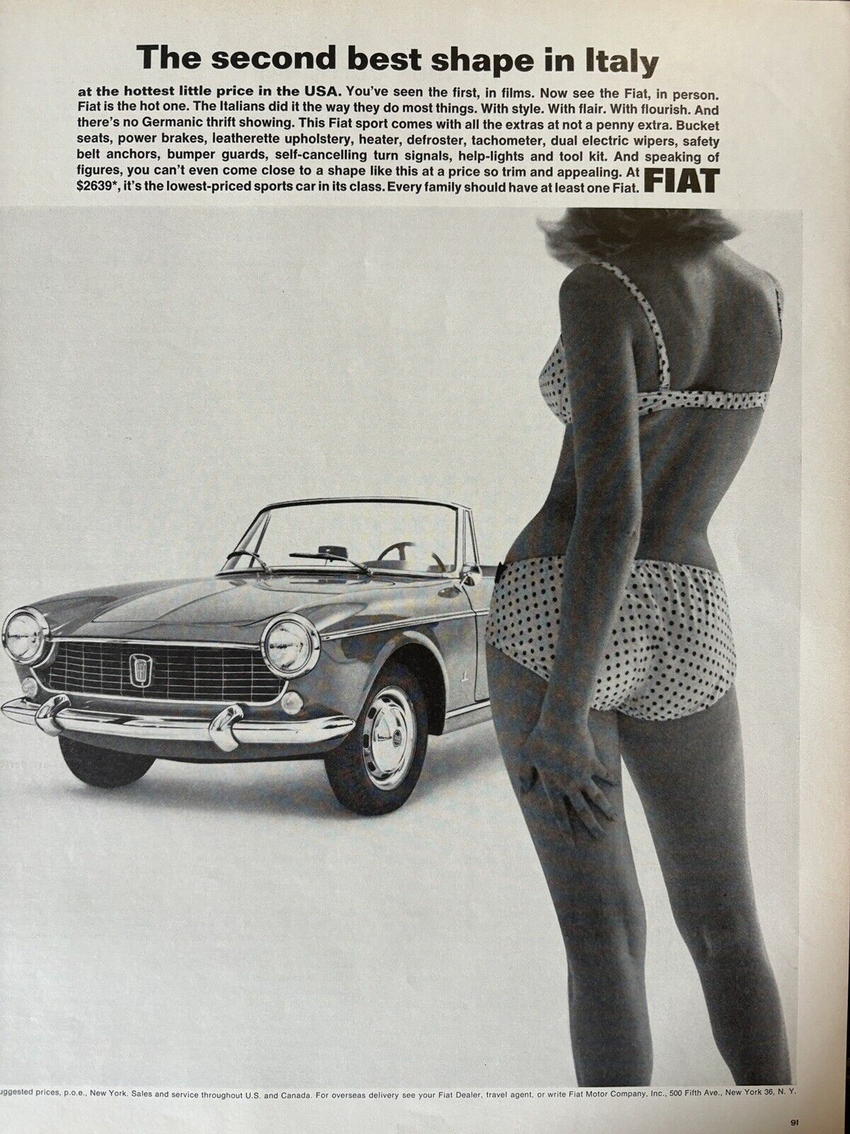 FIAT AUTOMOBILE CONVERTIBLE THE SECOND BEST SHAPE IN ITALY PRINT AD 1964