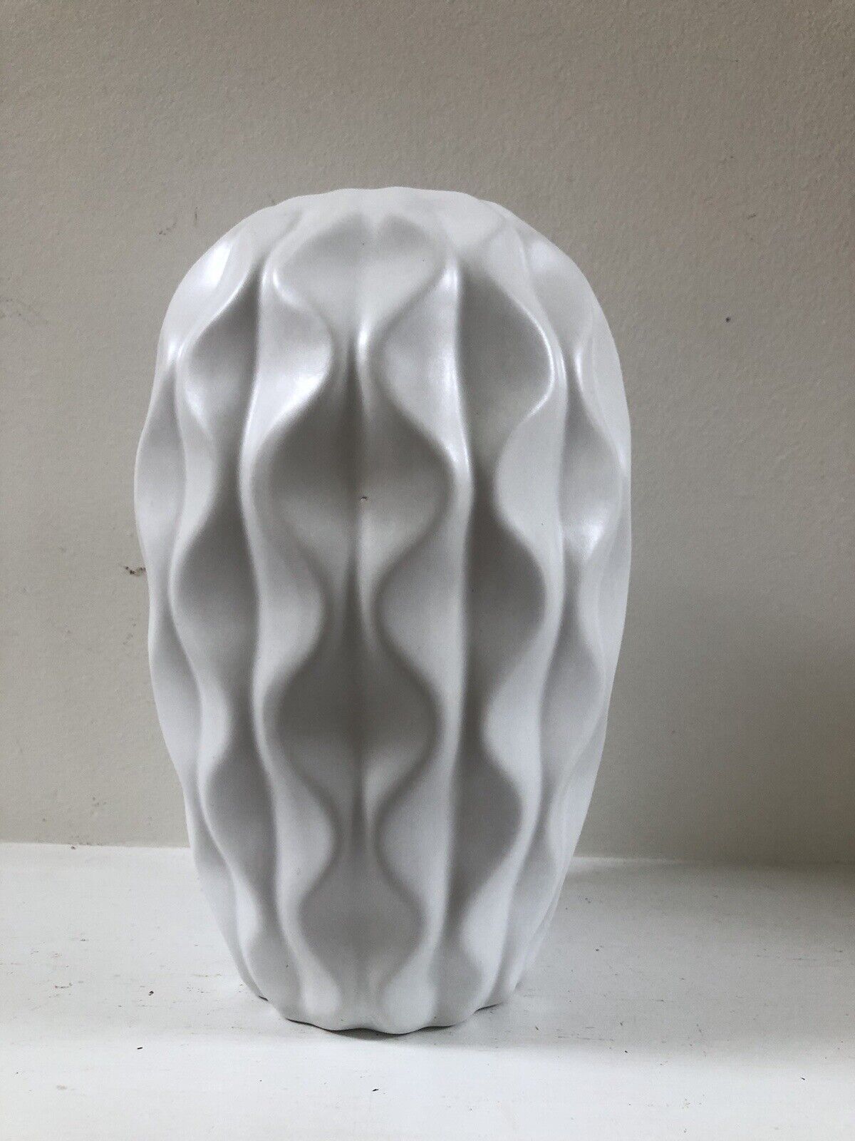 Mid Century Modern Art Deco Inspired White Ripple Flower Vase, 8” Tall