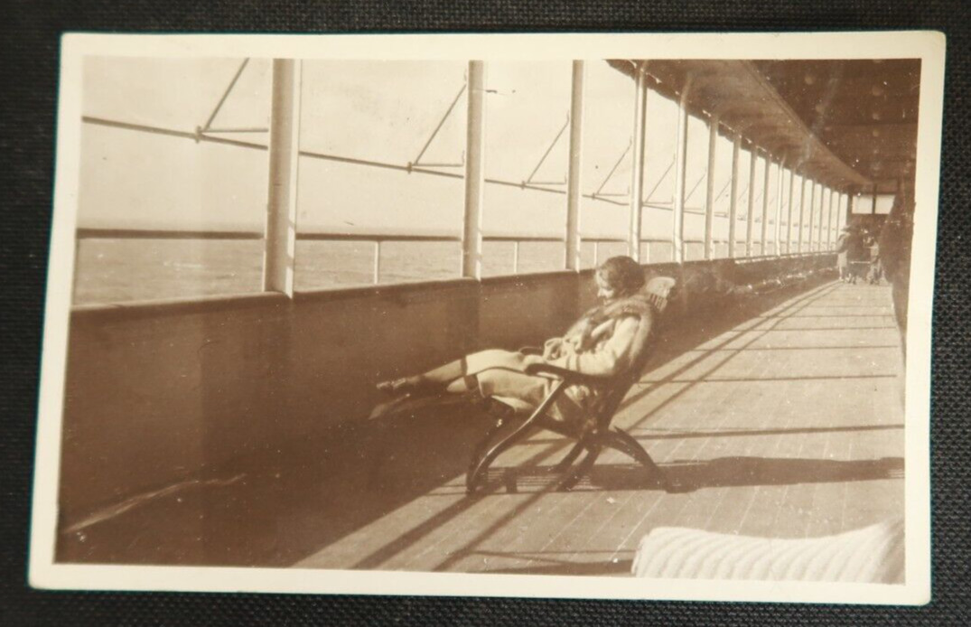 Unknown Lady and Steamship on the Deck Postcard Steamship RPPC Ocean Liner