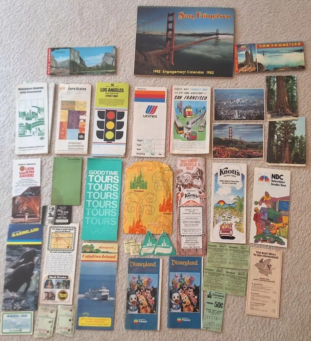 Lot of 38 Vintage Travel Brochures Stubs MAPS 1980s Collectibles California 