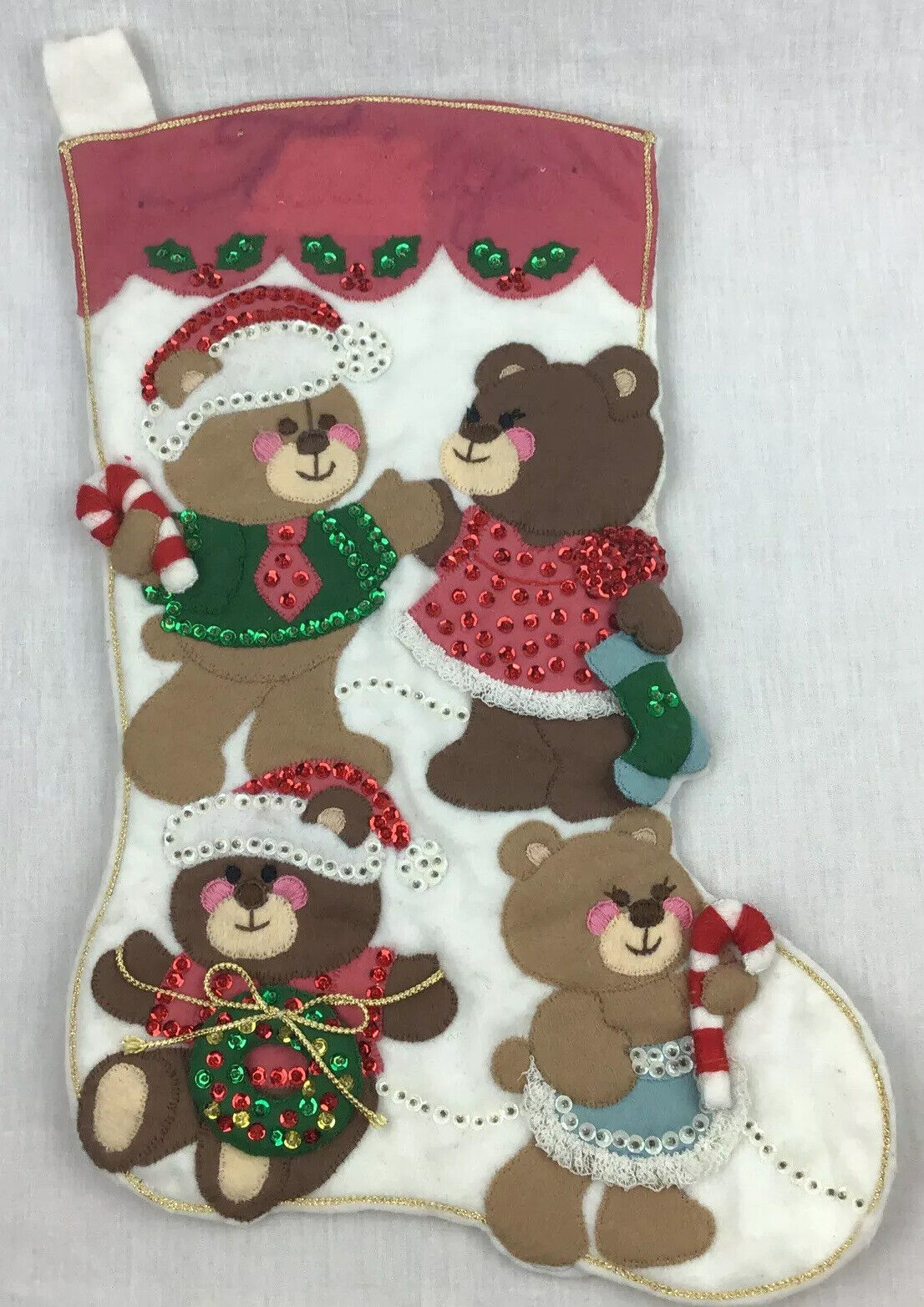 Felt Christmas Stocking Teddy Bears Finished Completed Sequin Beads Vintage