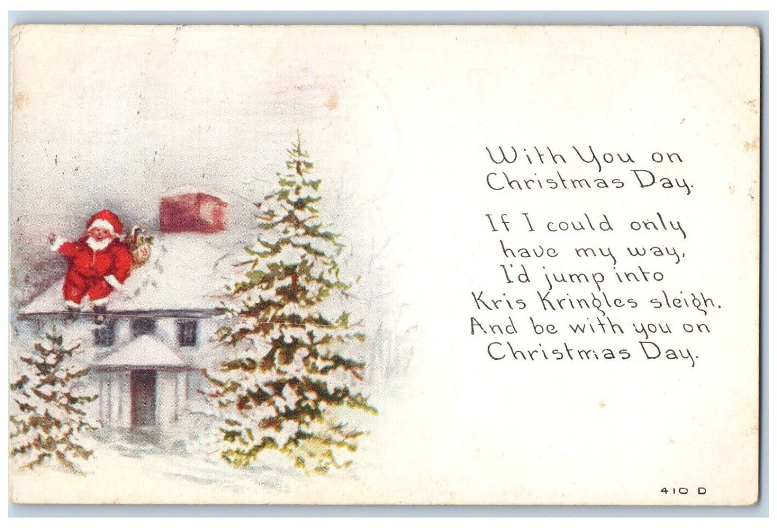 Christmas Postcard Santa Claus On Roof Pine Trees Winter Scene Richville NY