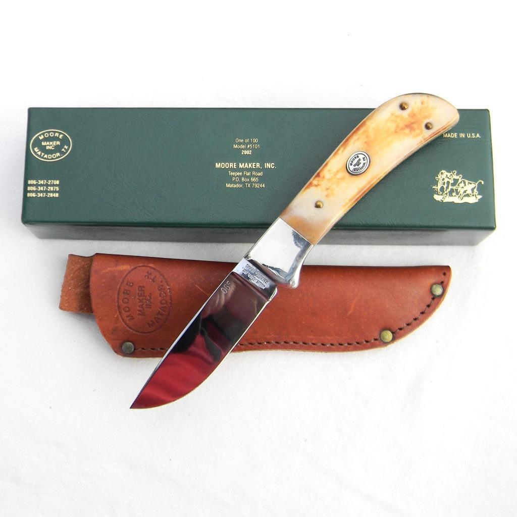 MOORE MAKER TX, USA mod 5101-02 hunting knife serial No. 065, orig sheath UNUSED