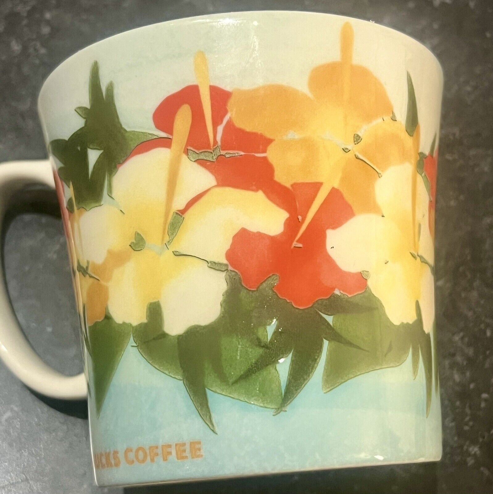 Starbucks 2010 Hawaii Hibiscus Floral Mug Yellow Inner Glaze 16 oz Mint