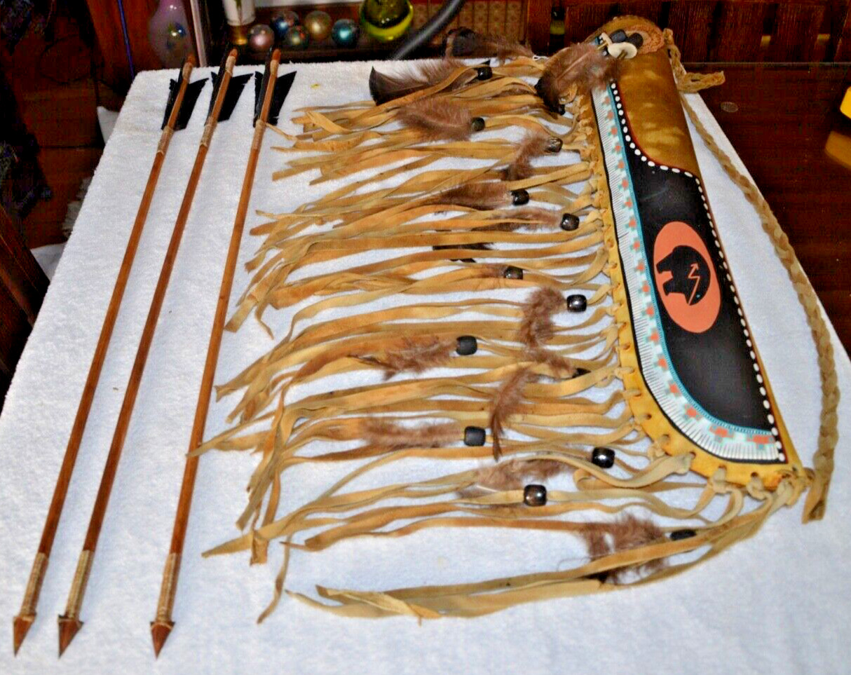 Stunning Vintage Native American Navajo Quiver, 3 Arrows, All Leather handmade