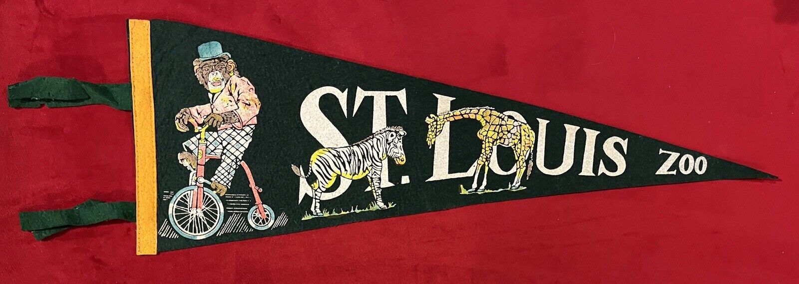 Vintage St. Louis Zoo 23.5 In Travel Pennant Monkey on a Tricycle Giraffe Zebra