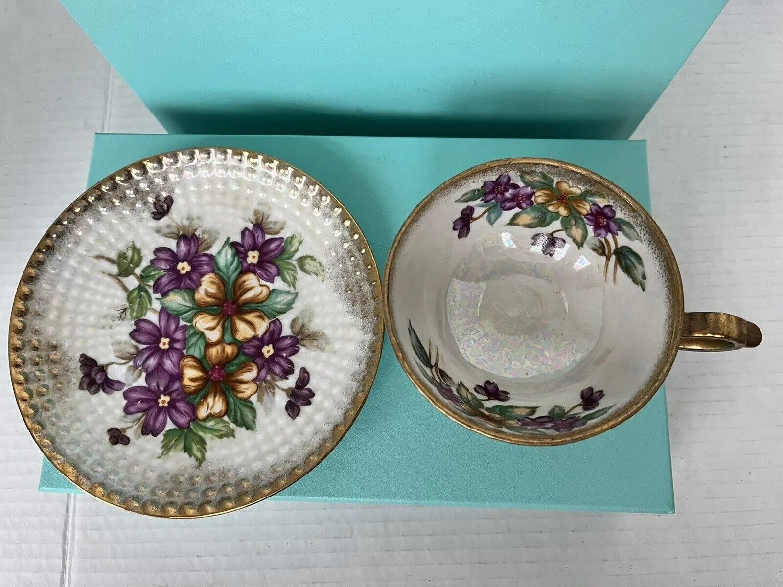 Vintage Tea Cup & Saucer Embossed Pebble & Purple And Gold Florals Gold Trim