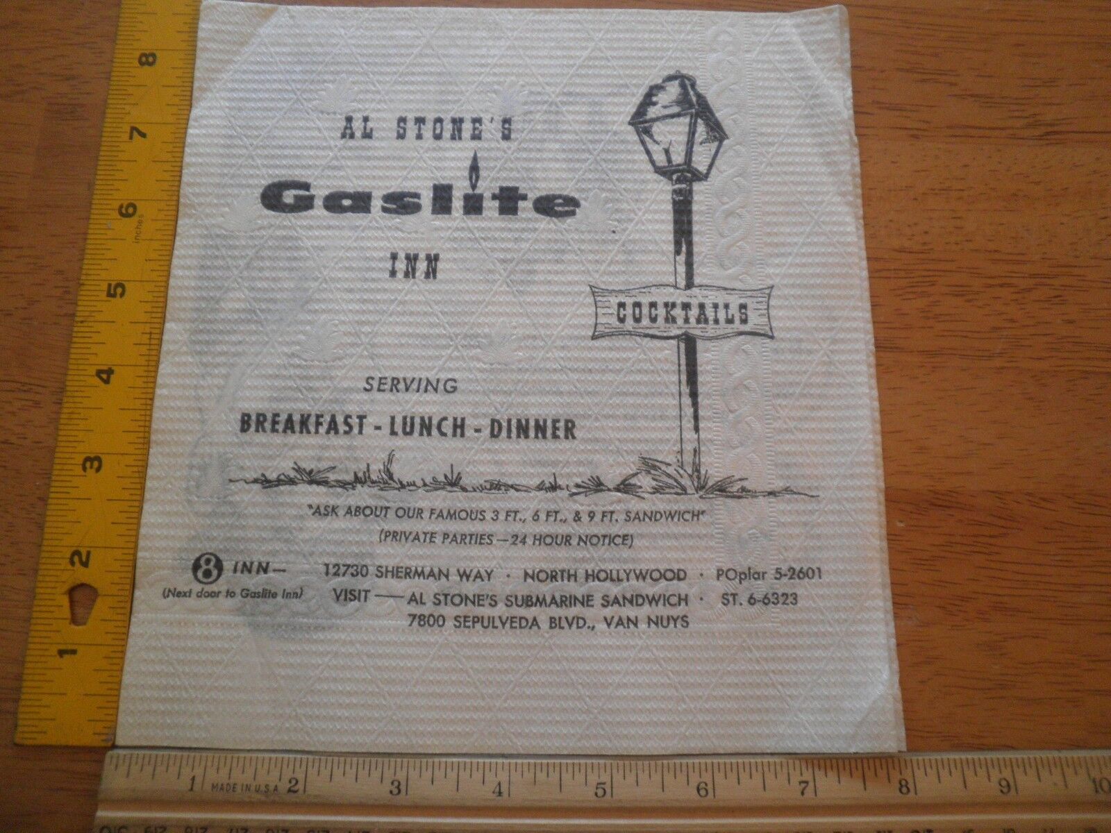 1960's Al Stone's Gaslite Inn North Hollywood CA restaurant menu napkin VINTAGE