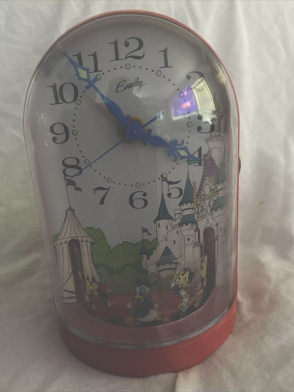 Vintage DISNEY BRADLEY Alarm Clock MUSIC BOX w/Moving Parade Mickey Donald Pluto