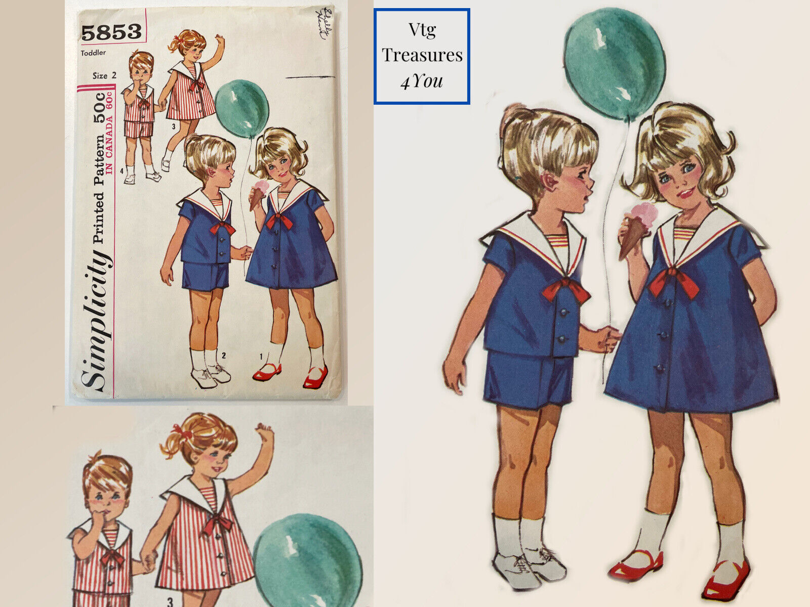 1960s Child\'s Sailor Dress / Sailor Suit Simplicity 5853 Sewing Pattern Size 2