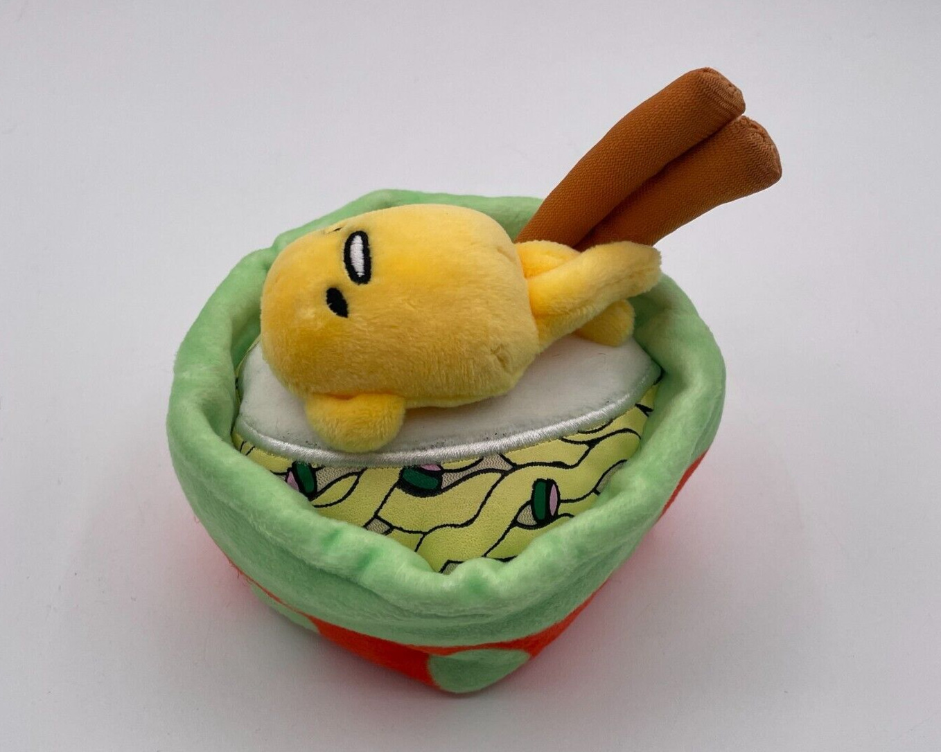 Sanrio Gudetama Lazy Egg Plush 5” Lying in Ramen Noodle Bowl With Chopsticks